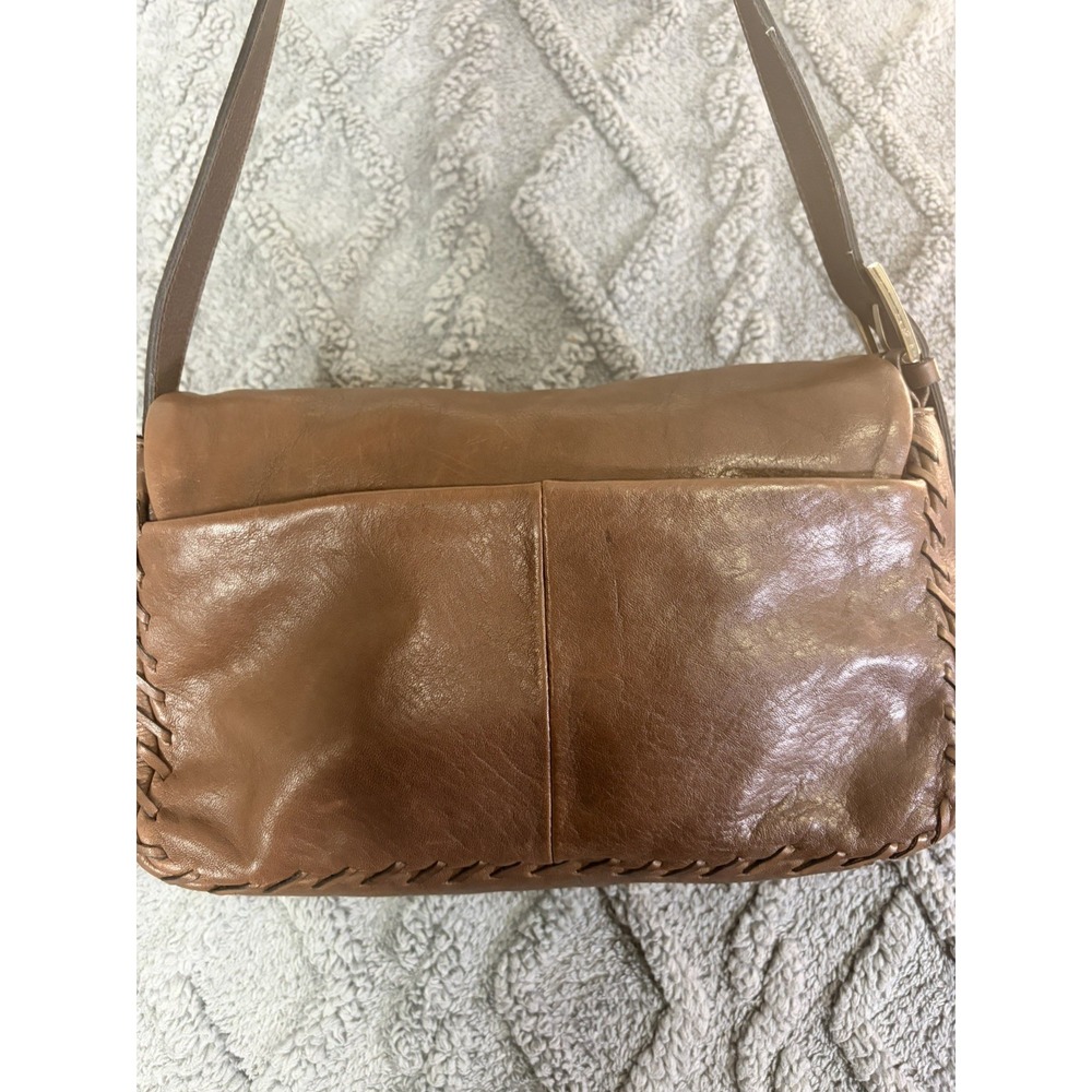 Coletta Tan Leather Small Shoulder Bag Purse Whipstitch Buckle Flap Brown